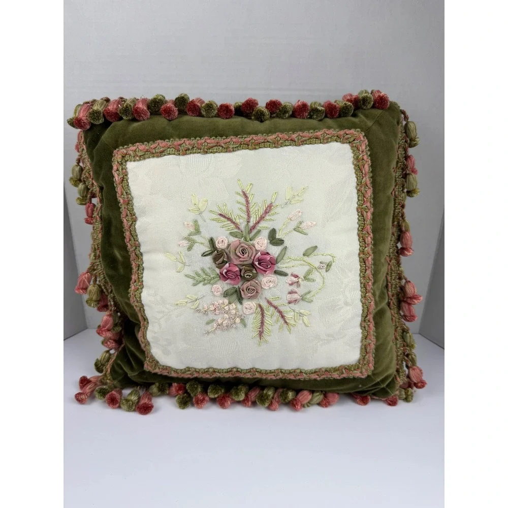 Vintage Silk Ribbon Embroidery Floral Velvet Tassel Trim Throw Pillow Green Pink